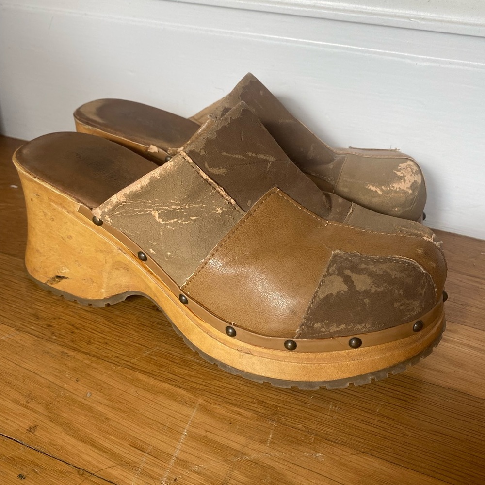Vintage 90’s Faux Suede Patchwork Wooden Platform Slip-on Mule Clogs